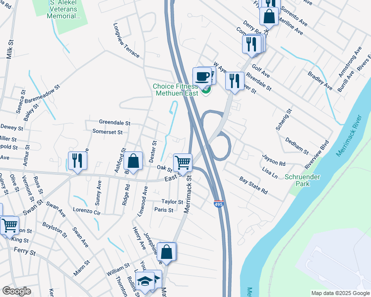 map of restaurants, bars, coffee shops, grocery stores, and more near 224 East Street in Methuen