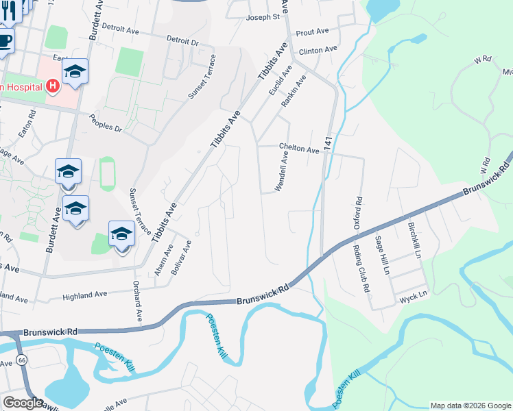 map of restaurants, bars, coffee shops, grocery stores, and more near 125 Euclid Avenue in Troy