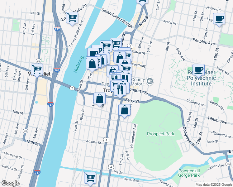 map of restaurants, bars, coffee shops, grocery stores, and more near 82 Ferry Street in Troy