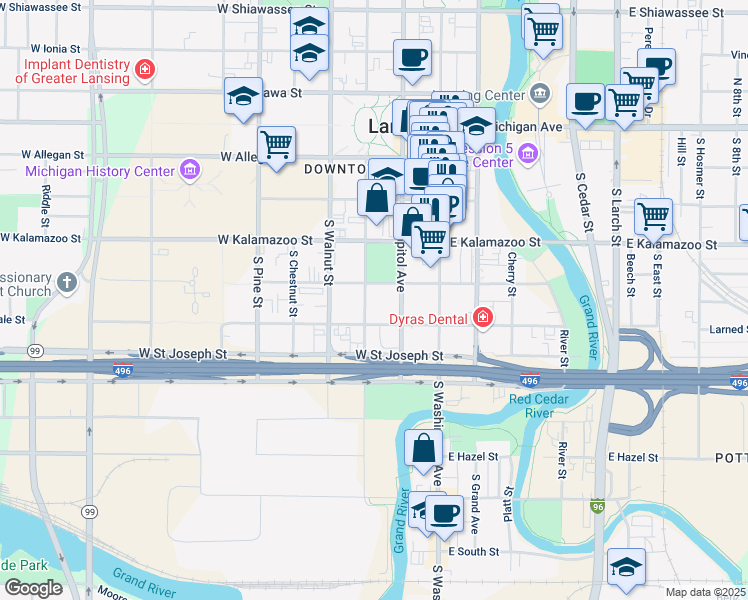 map of restaurants, bars, coffee shops, grocery stores, and more near 216 West Hillsdale Street in Lansing