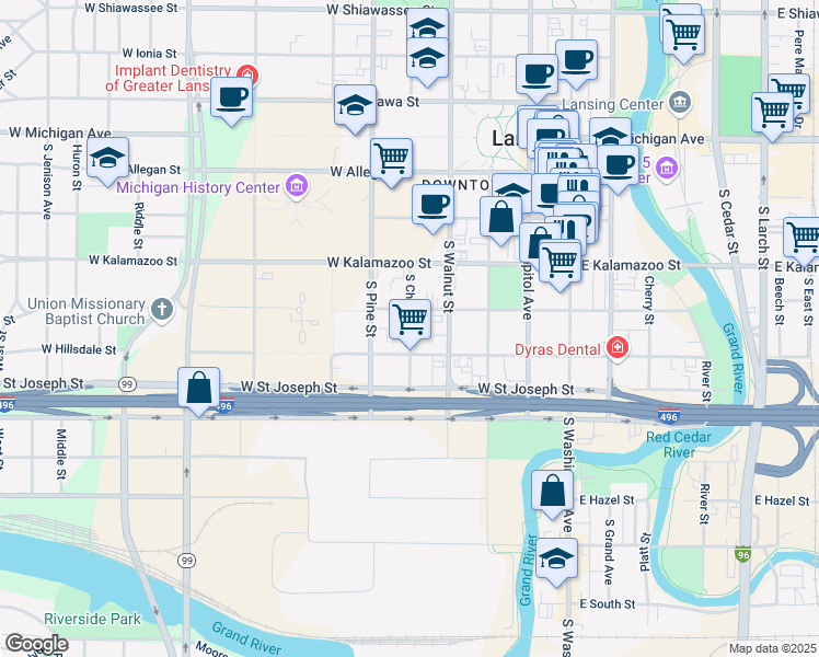 map of restaurants, bars, coffee shops, grocery stores, and more near 557 South Chestnut Street in Lansing