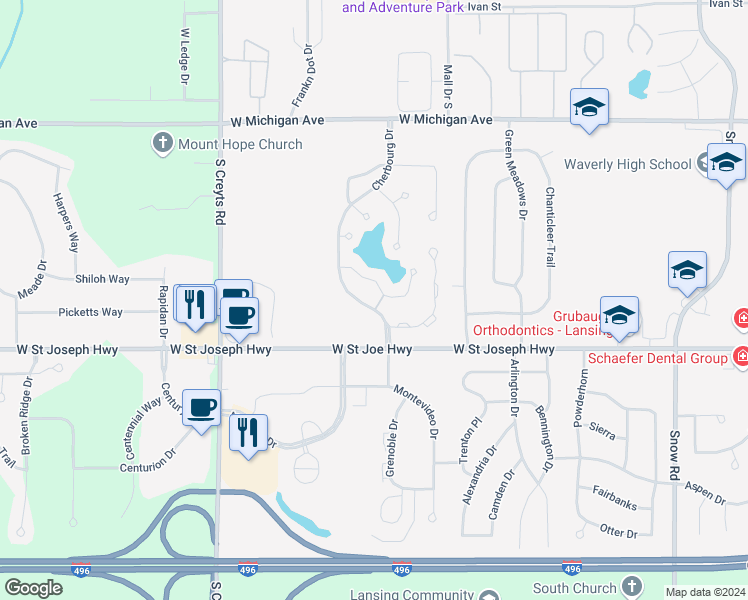 map of restaurants, bars, coffee shops, grocery stores, and more near 6000 West Saint Joseph Highway in Lansing