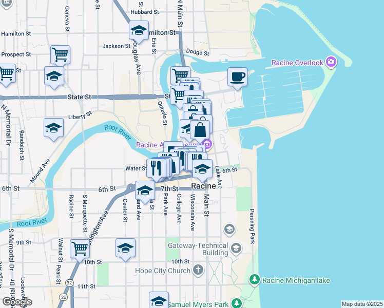 map of restaurants, bars, coffee shops, grocery stores, and more near 500 Wisconsin Avenue in Racine