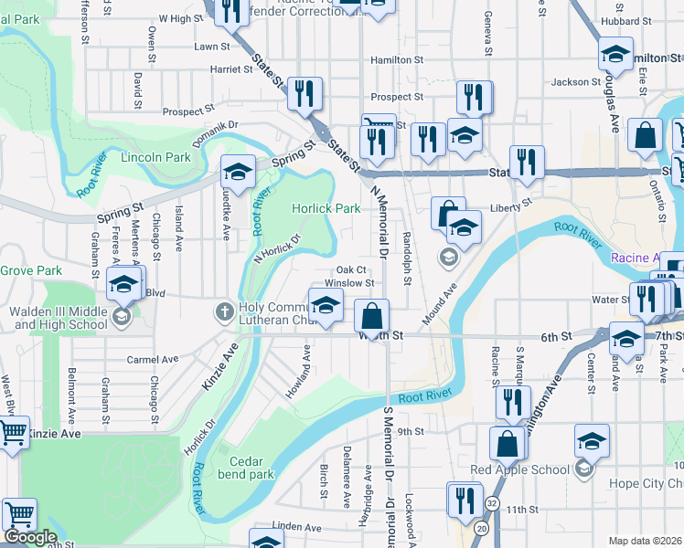 map of restaurants, bars, coffee shops, grocery stores, and more near 1607 Winslow Street in Racine