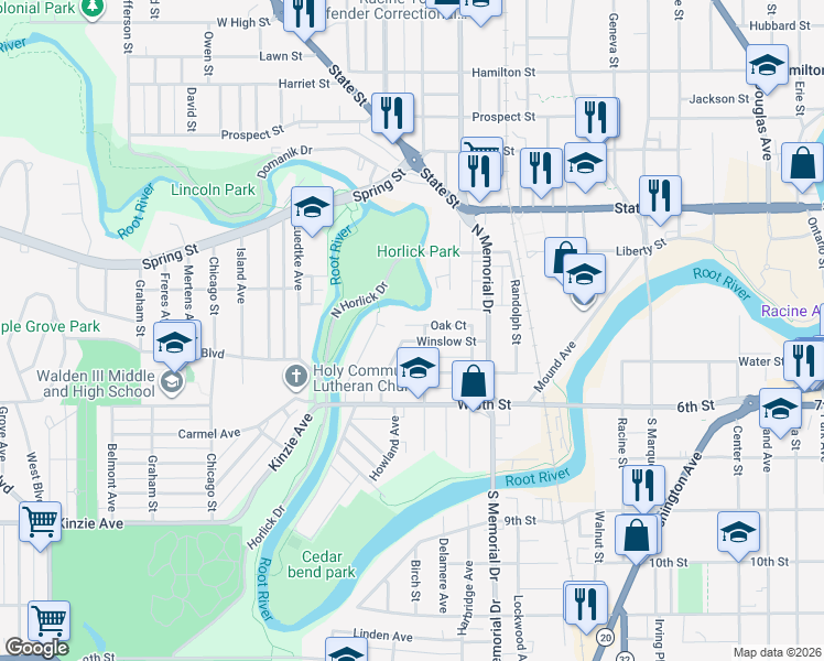 map of restaurants, bars, coffee shops, grocery stores, and more near 423 Cliff Avenue in Racine