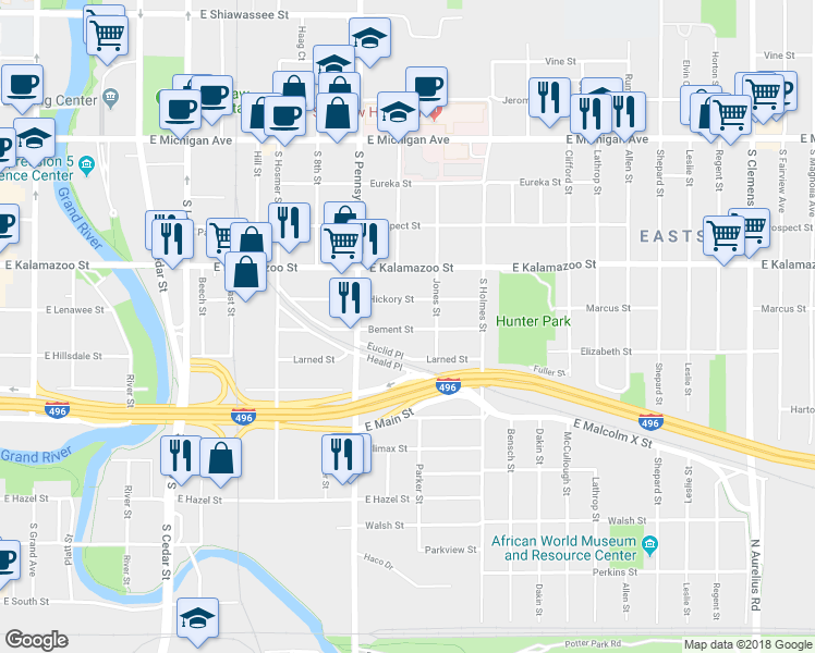 map of restaurants, bars, coffee shops, grocery stores, and more near 1105 Bement Street in Lansing Charter Township