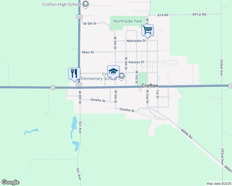 map of restaurants, bars, coffee shops, grocery stores, and more near 1301 West 5th Street in Crofton
