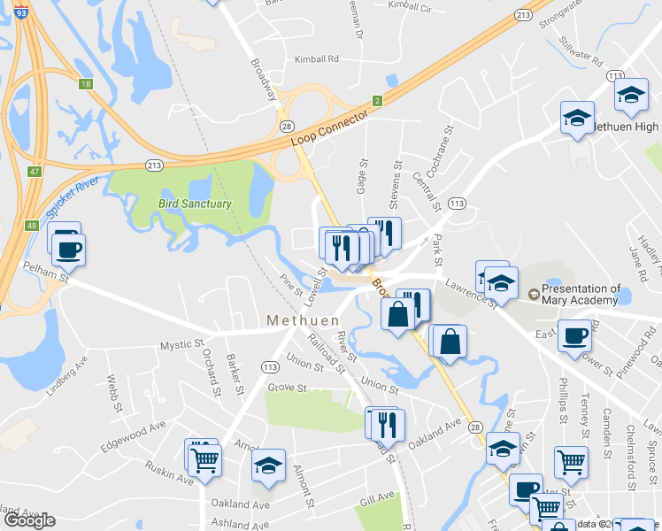 map of restaurants, bars, coffee shops, grocery stores, and more near 32 Hampshire Street in Methuen