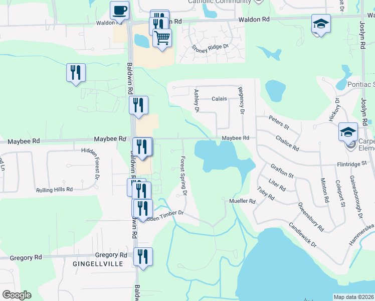 map of restaurants, bars, coffee shops, grocery stores, and more near 3557 Forest Spring Drive in Orion charter Township