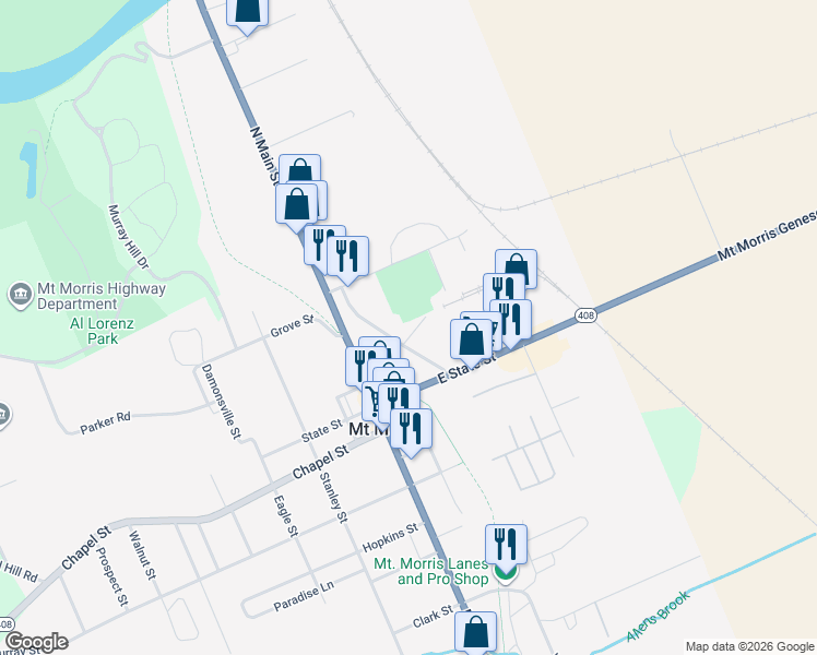 map of restaurants, bars, coffee shops, grocery stores, and more near 47 Mill Street in Mount Morris