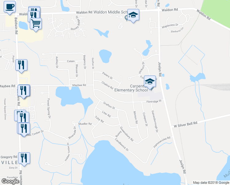 map of restaurants, bars, coffee shops, grocery stores, and more near 3412 Chalice Road in Orion charter Township