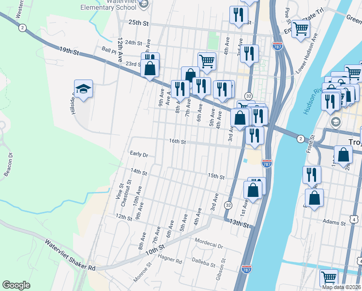 map of restaurants, bars, coffee shops, grocery stores, and more near 1530 7th Avenue in Watervliet