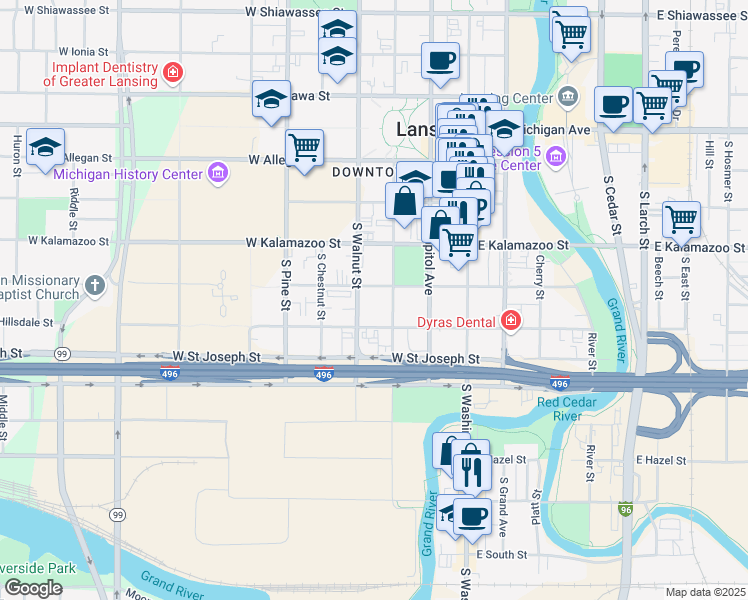 map of restaurants, bars, coffee shops, grocery stores, and more near 320 West Hillsdale Street in Lansing