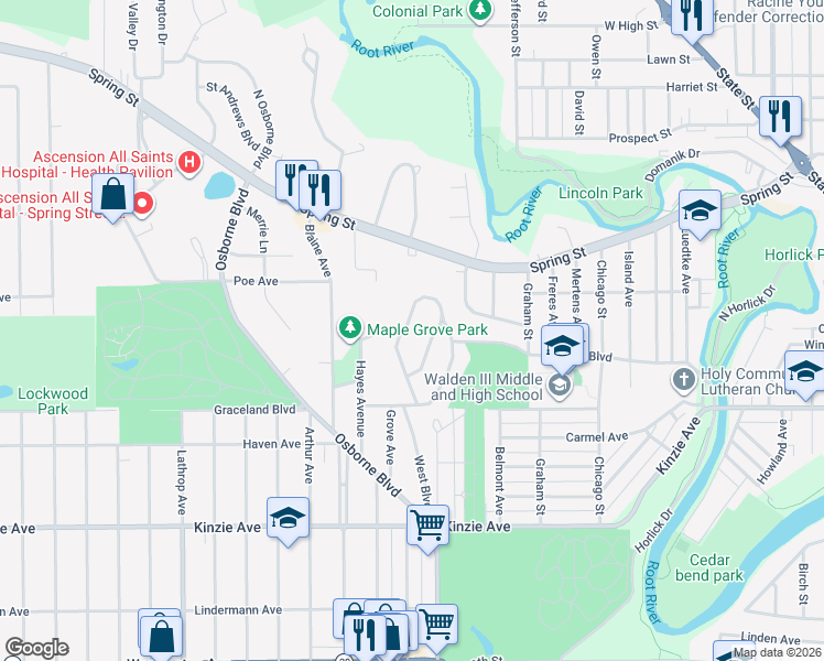 map of restaurants, bars, coffee shops, grocery stores, and more near 431 West Boulevard in Racine