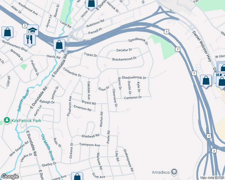 map of restaurants, bars, coffee shops, grocery stores, and more near 21 Clearview Drive in Nashua