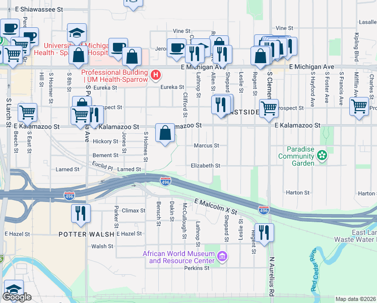 map of restaurants, bars, coffee shops, grocery stores, and more near 423 Clifford Street in Lansing