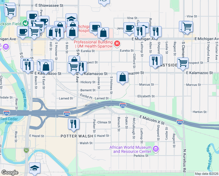 map of restaurants, bars, coffee shops, grocery stores, and more near 1217 Hickory Street in Lansing