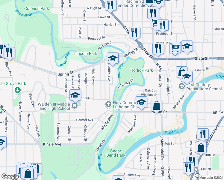 map of restaurants, bars, coffee shops, grocery stores, and more near 1900 Ehlert Street in Racine