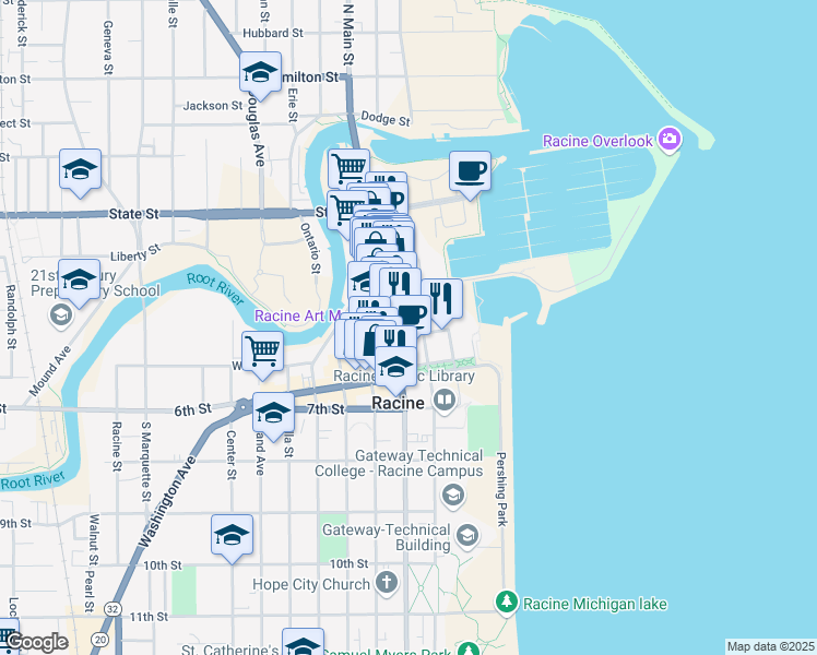 map of restaurants, bars, coffee shops, grocery stores, and more near 441 Main St in Racine
