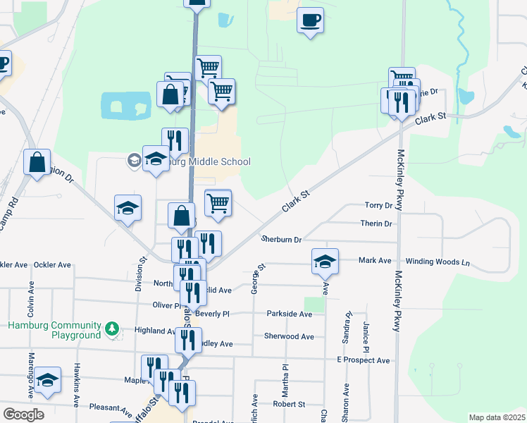 map of restaurants, bars, coffee shops, grocery stores, and more near 4358 Clark Street in Hamburg