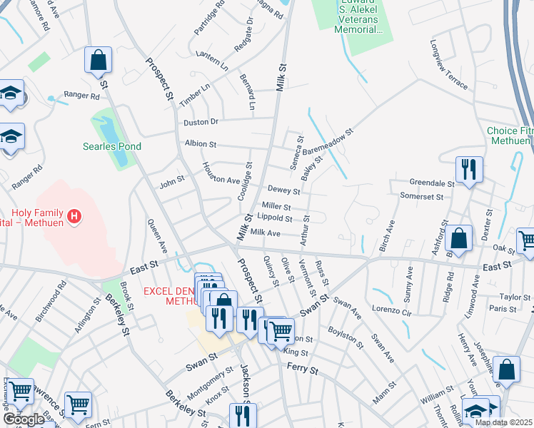 map of restaurants, bars, coffee shops, grocery stores, and more near 12 Lippold Street in Methuen