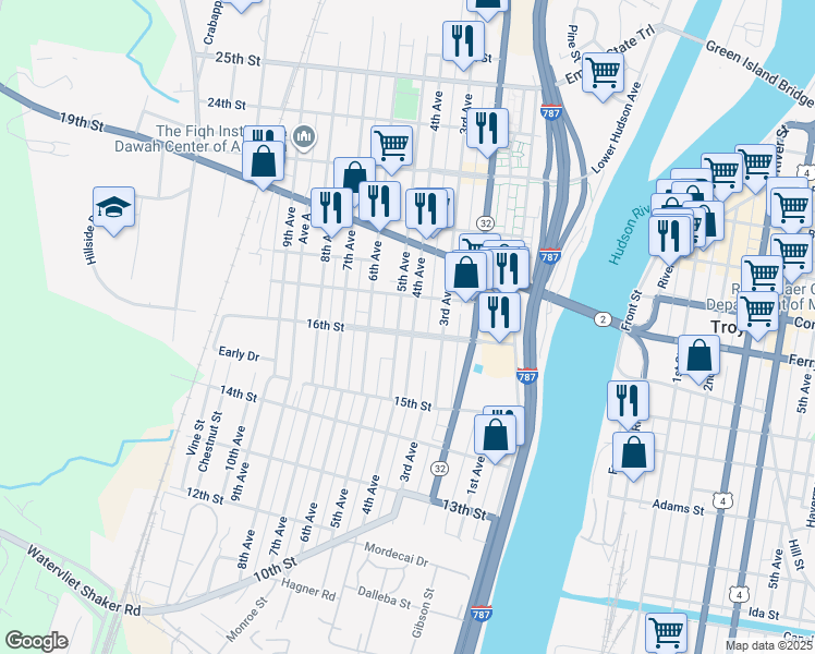 map of restaurants, bars, coffee shops, grocery stores, and more near 1620 4th Avenue in Watervliet
