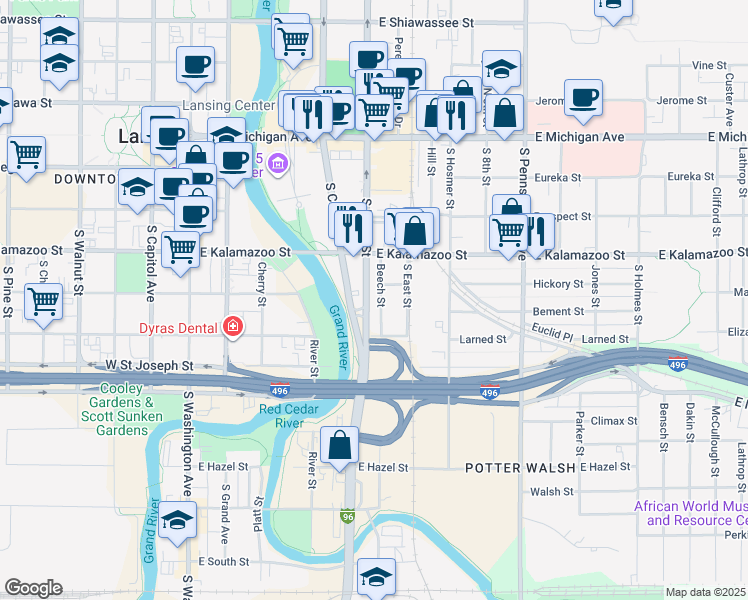 map of restaurants, bars, coffee shops, grocery stores, and more near 422 Beech Street in Lansing