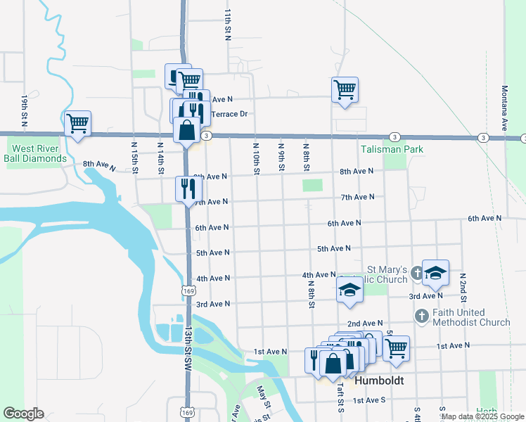 map of restaurants, bars, coffee shops, grocery stores, and more near 909 7th Avenue North in Humboldt