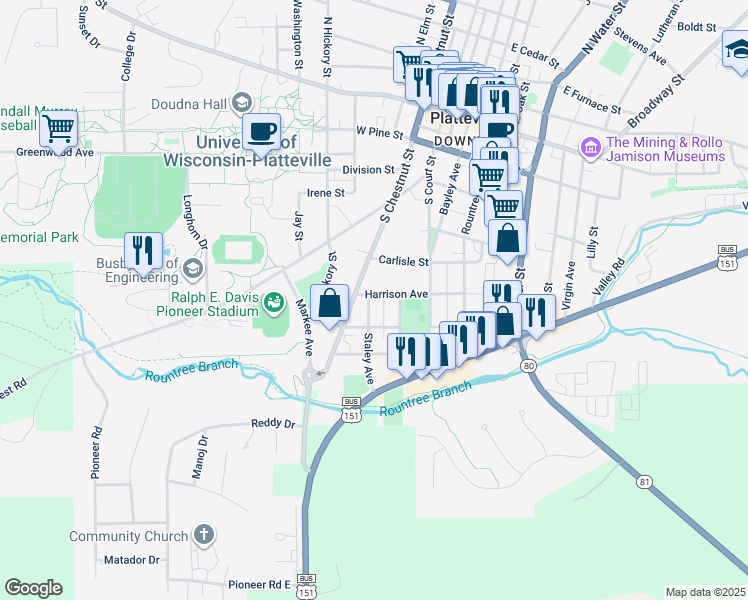 map of restaurants, bars, coffee shops, grocery stores, and more near 285 Harrison Avenue in Platteville