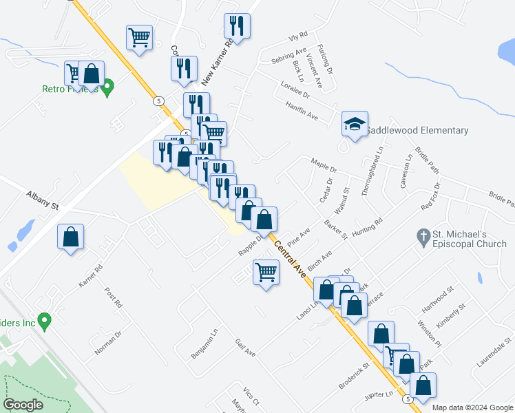 map of restaurants, bars, coffee shops, grocery stores, and more near 1777 Central Avenue in Colonie