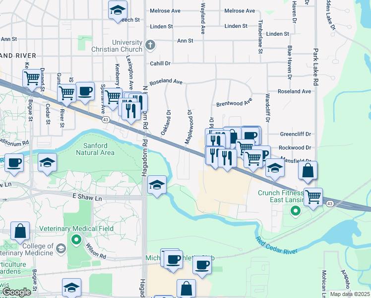 map of restaurants, bars, coffee shops, grocery stores, and more near 1704 East Grand River Avenue in East Lansing