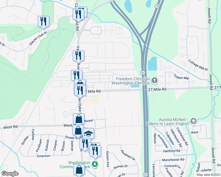 map of restaurants, bars, coffee shops, grocery stores, and more near 8501 27 Mile Road in Washington