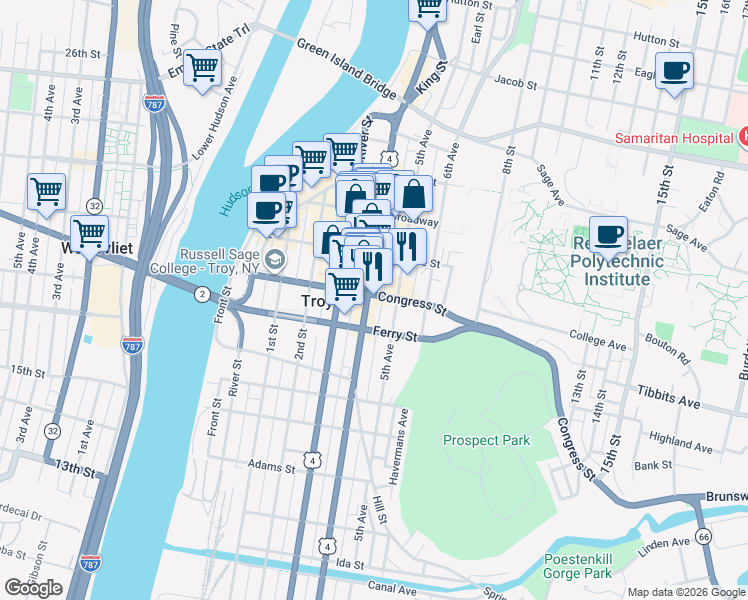 map of restaurants, bars, coffee shops, grocery stores, and more near 109 4th Street in Troy