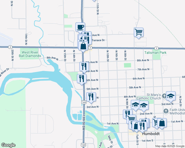 map of restaurants, bars, coffee shops, grocery stores, and more near 1107 7th Avenue North in Humboldt