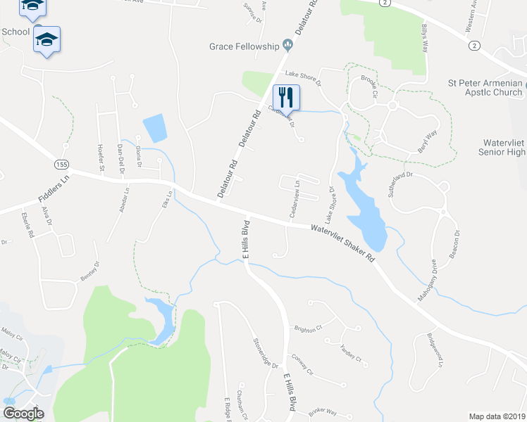 map of restaurants, bars, coffee shops, grocery stores, and more near 353 Watervliet Shaker Road in Watervliet