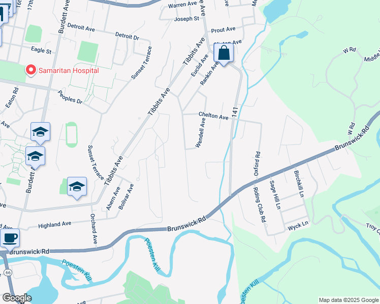 map of restaurants, bars, coffee shops, grocery stores, and more near 97 Euclid Avenue in Troy