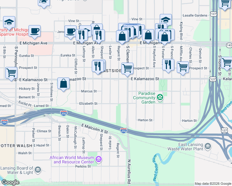 map of restaurants, bars, coffee shops, grocery stores, and more near 427 Regent Street in Lansing
