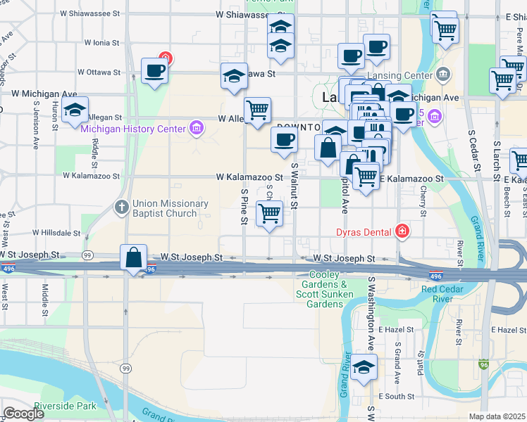 map of restaurants, bars, coffee shops, grocery stores, and more near 500 West Lenawee Street in Lansing