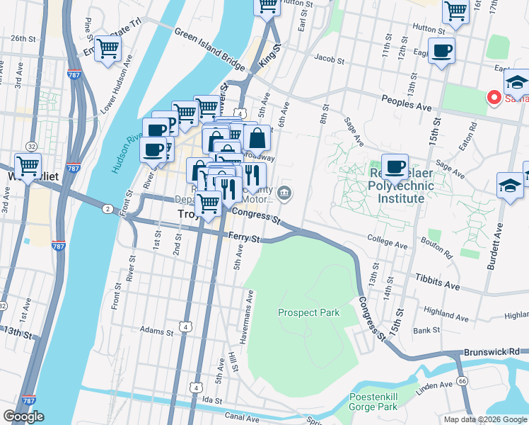 map of restaurants, bars, coffee shops, grocery stores, and more near 141 Congress St in Troy