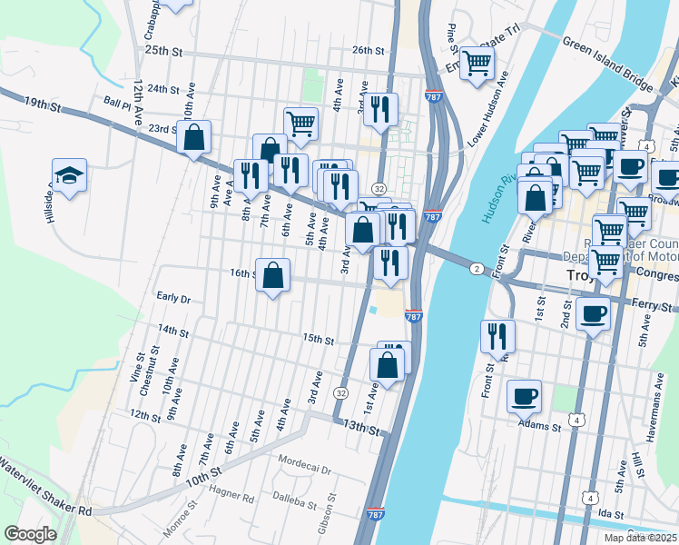 map of restaurants, bars, coffee shops, grocery stores, and more near 200 18th Street in Watervliet