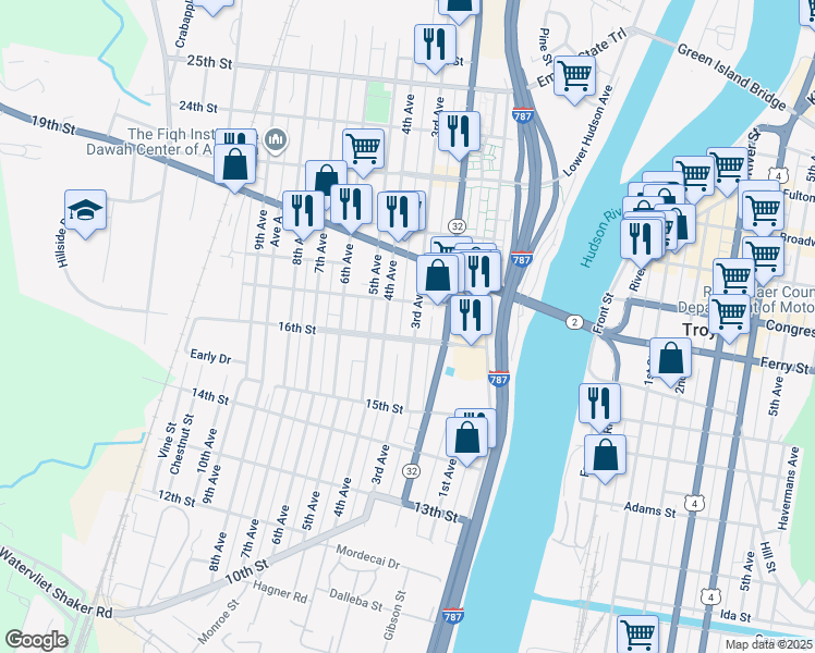map of restaurants, bars, coffee shops, grocery stores, and more near 1620 4th Avenue in Watervliet