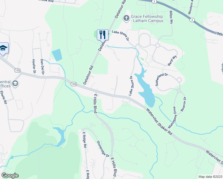 map of restaurants, bars, coffee shops, grocery stores, and more near 105 Cedarview Lane in Watervliet