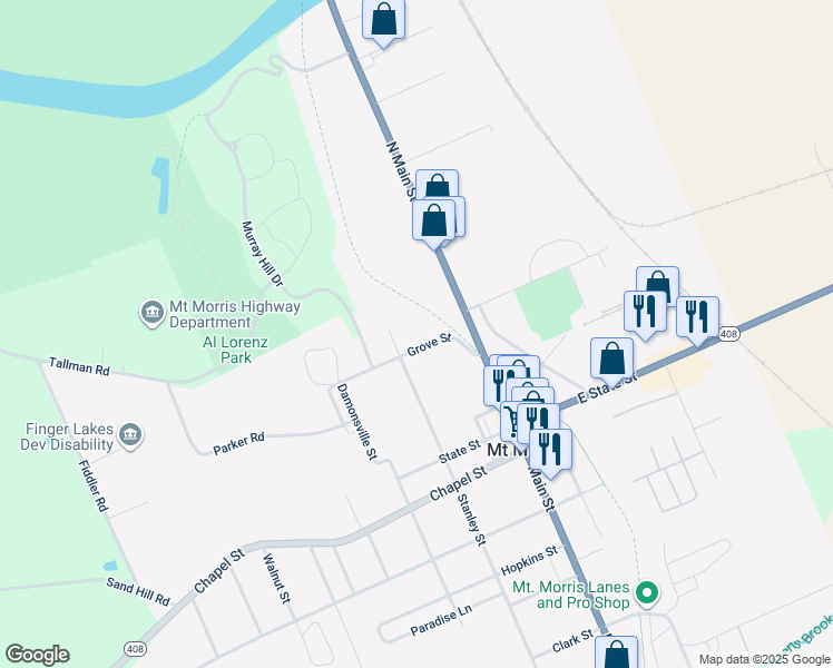 map of restaurants, bars, coffee shops, grocery stores, and more near 10 Oak Grove Street in Mount Morris