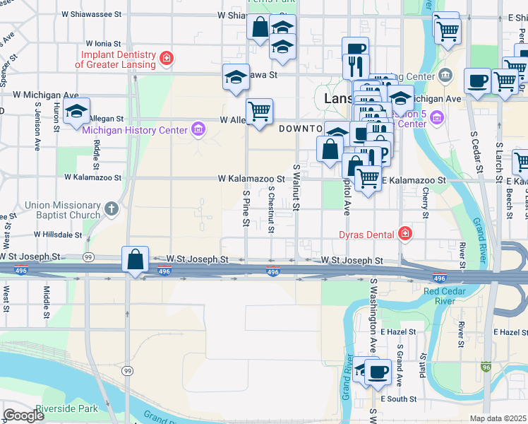 map of restaurants, bars, coffee shops, grocery stores, and more near 500 West Lenawee Street in Lansing