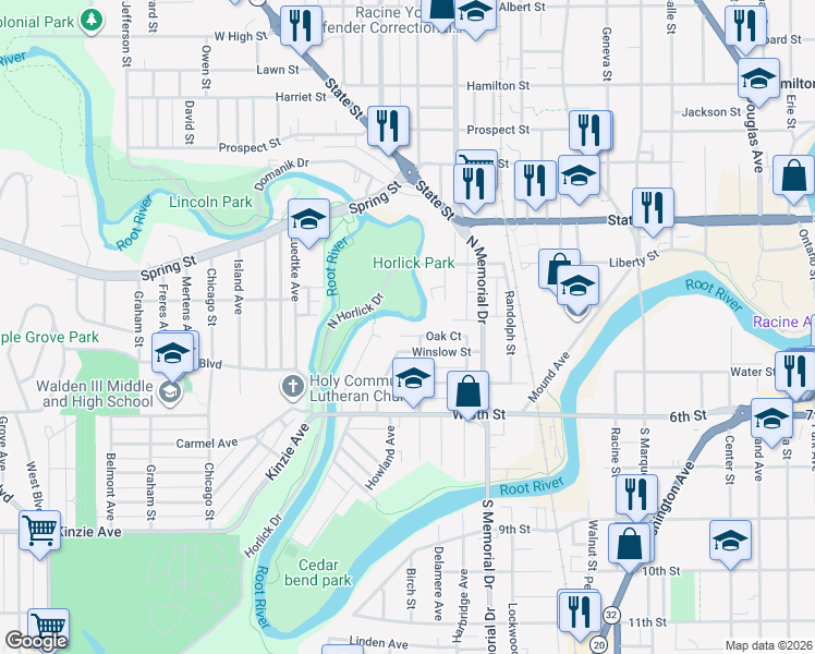 map of restaurants, bars, coffee shops, grocery stores, and more near 1722 Oak Court in Racine