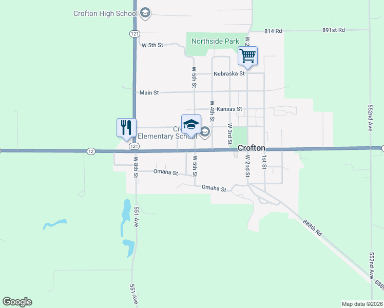 map of restaurants, bars, coffee shops, grocery stores, and more near 1301 West 5th Street in Crofton