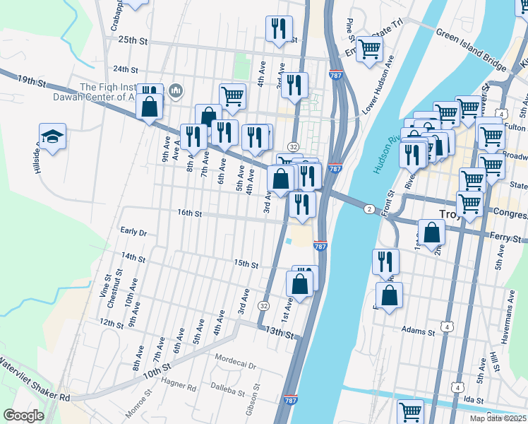 map of restaurants, bars, coffee shops, grocery stores, and more near 200 18th Street in Watervliet
