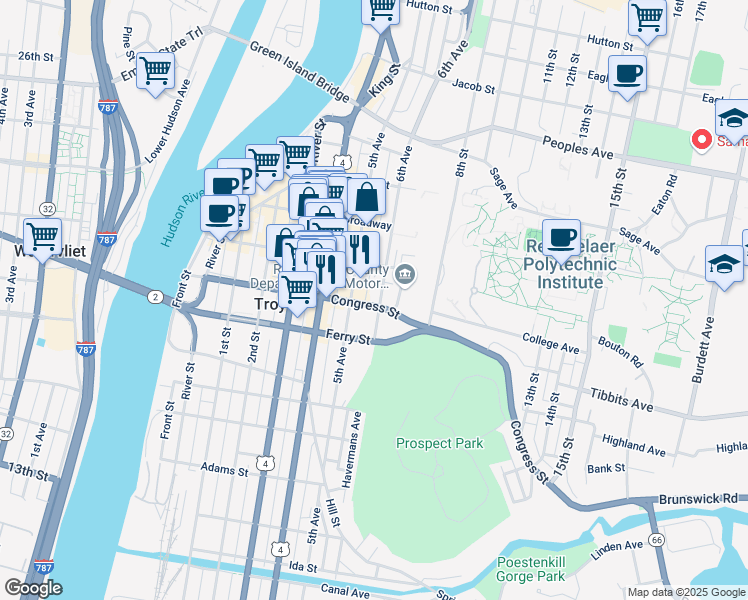 map of restaurants, bars, coffee shops, grocery stores, and more near 141 Congress St in Troy