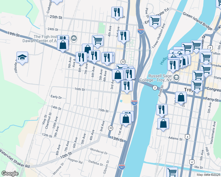 map of restaurants, bars, coffee shops, grocery stores, and more near 200 18th Street in Watervliet