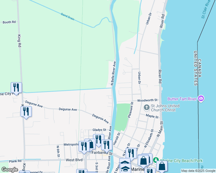 map of restaurants, bars, coffee shops, grocery stores, and more near 737 Belle River Road in East China